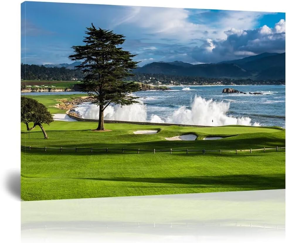 HJY Art USA Golf Course Wall Art Pictures Golf Landscape Wall Decor Blue Green Painting Poster for Home Decor Living Room Bedroom Bathroom Office Gym Framed Artwork Ready to Hang (12 x 16 inch)