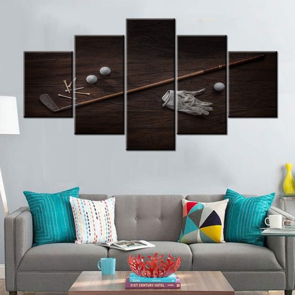 House Decorations Living Room Vintage Golf Club Pictures White Ball Paintings 5 Piece Prints on Canvas Golfing Wall Art Contemporary Artwork Wooden Framed Gallery-Wrapped Ready to Hang(60''Wx32''H)