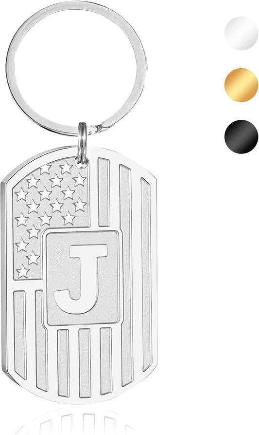Initial Keychain Gifts for Men,A-Z Letter American Flag Dog Tag Stainless Steel Keychain,Mens Accessories Gift
