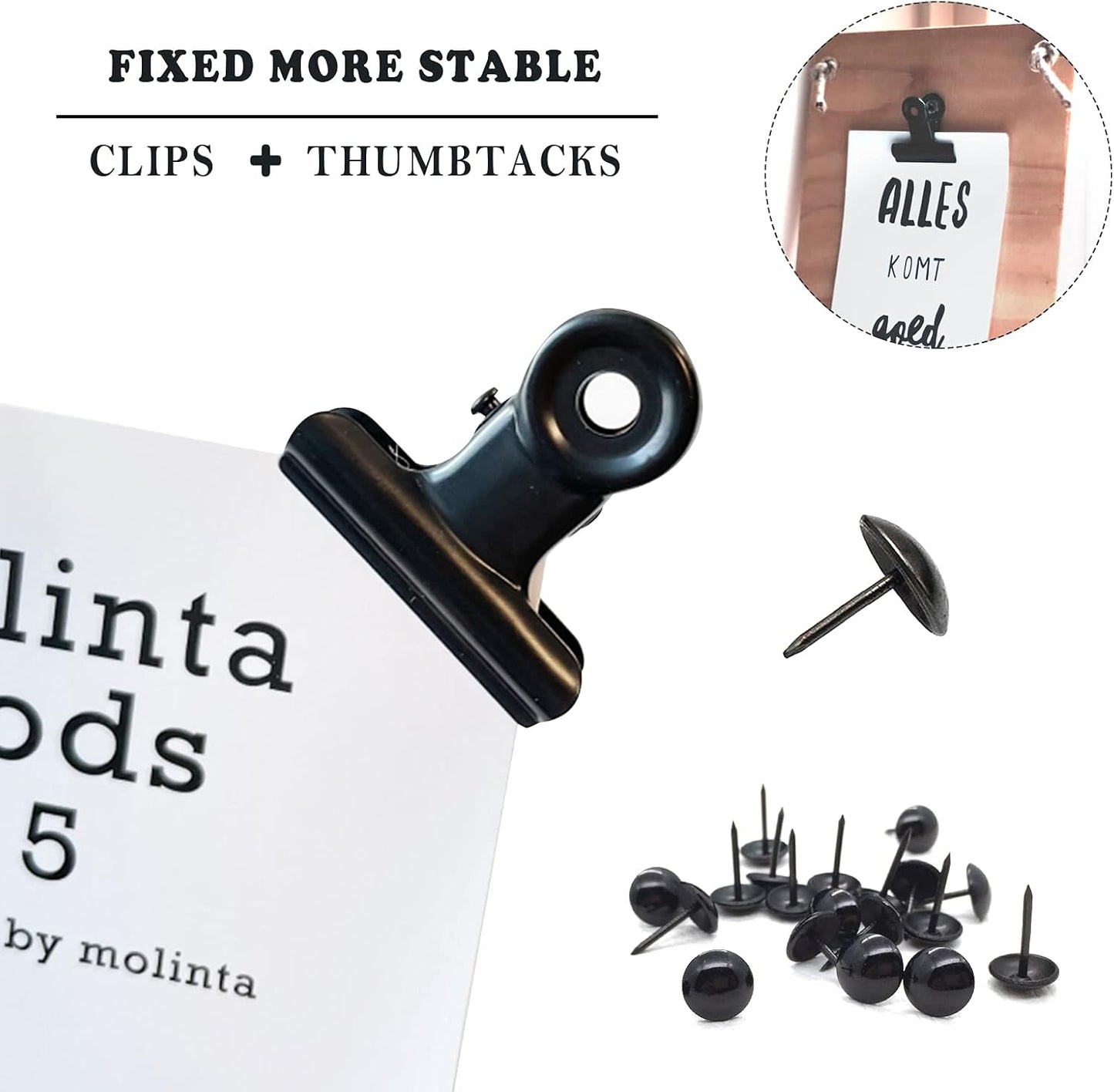 20 Pack Metal Clips with 20 Push-pins for Corkboard,Bulldog Clips for Hanging Pictures,Small Hinge Clips for Photos Crafts,Mini Binder Clips Paper File Clamps for Office(Black,1.2inch)