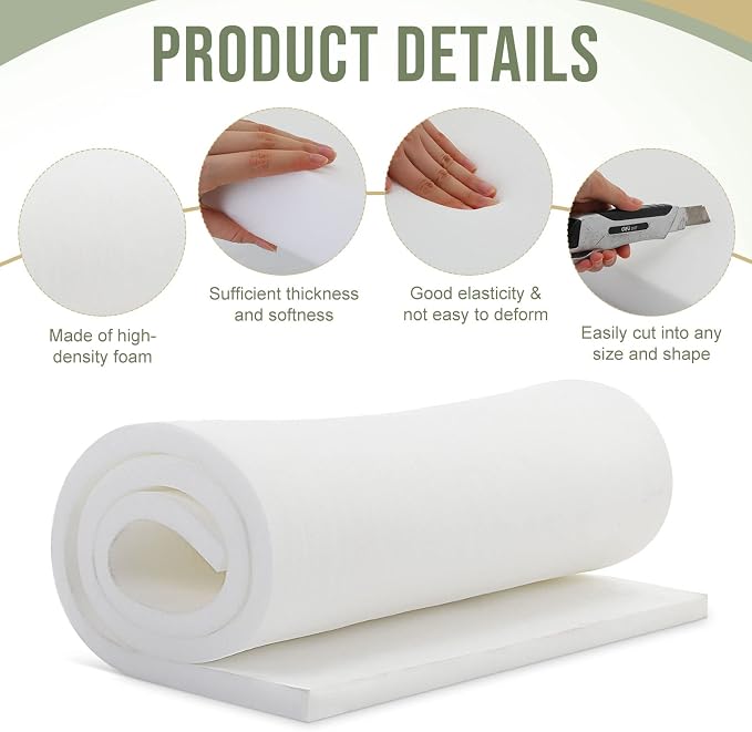 Frienda 2 Pcs Upholstery Foam 1/2" x 24" x 72" High Density Cushion White - Image 5