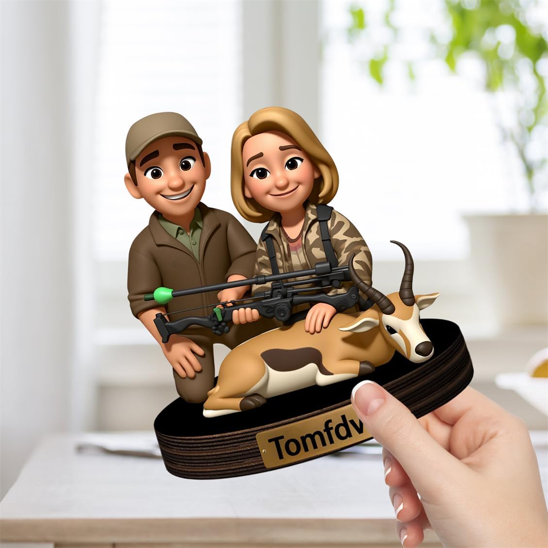 Personalized Hunter Cartoon Desktop Decor Custom 2D Deer Elk Portrait Figurine Plaque with Name Hunting Deer Acrylic Sculpture Desk Sign Ornament for Men Women Family Couple Christmas Birthday