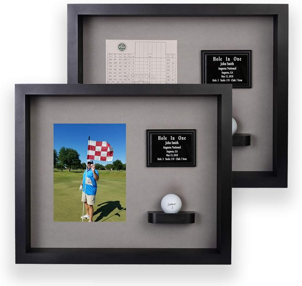 Hole in One Shadowbox and Golf Ball Display Case | Personalized Engraved Plate | Holds Golf Ball and Scorecard or Photo |4 Color Finishes | Wall Mounted (Vertical, Black/Gray)