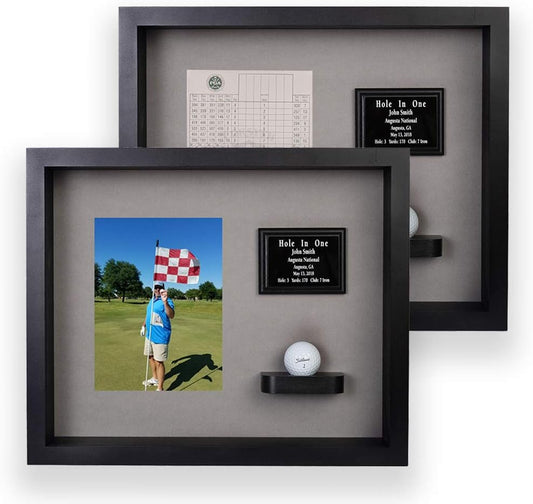 Hole in One Shadowbox and Golf Ball Display Case | Personalized Engraved Plate | Holds Golf Ball and Scorecard or Photo |4 Color Finishes | Wall Mounted (Vertical, Black/Gray)