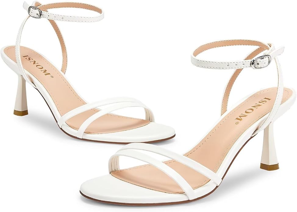 ISNOM Womens Sandals Round Toe Low Heels Strappy Ankle Strap Kitten Heel - Image 2