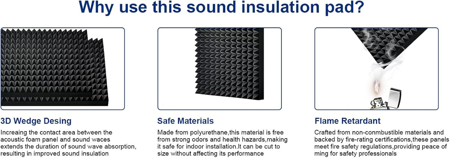 2 Pack Black Acoustic Foam Panels,48x24x2 Inch Sound Proof ,High Density Soundproof Wall Panels,Fireproof Cancelling Foam Studio (Black, 2 PCS)