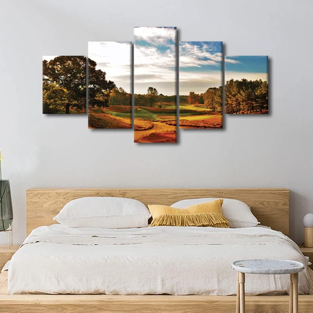 House Decorations Living Room Golf Course Cityscape Pictures Green Lawn Paintings 5 Panel Contemporary Wall Art on Canvas Premium Quality Artwork Framed Posters and Prints Ready to Hang - 60"W x 32"H