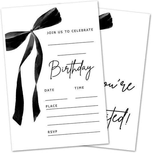 Black Bow Birthday Invitations, Cute Bow Party Invitations, 20 Double-Sided Fill In Invitation with Envelopes for Girls Women, Birthday Party Decorations Favor