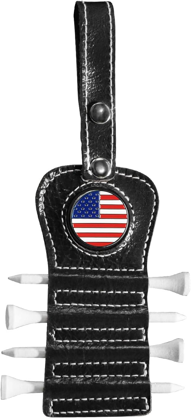 Golf Tee Holder with USA Ball Marker 4 Pcs White Wood Tees, Portable Hold by AmySport