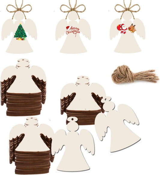 50PCS Unfinished Wood kit with Holes, Wooden Slice for DIY Crafts, Blank Wood Cutouts Wooden Tags Ornaments for Sign Gift Tags, Christmas Decorations Indoor Outdoor Decor (Angel Shape)