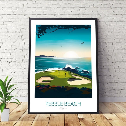 Golf Print - Pebble Beach California - US Open Golf Gift, Pebble Beach Golf Course Poster, California Golf Print, Coastal Golf Art, Golf Landscape Illustration, Sports Wall Decor. (Unframed) (11x14)