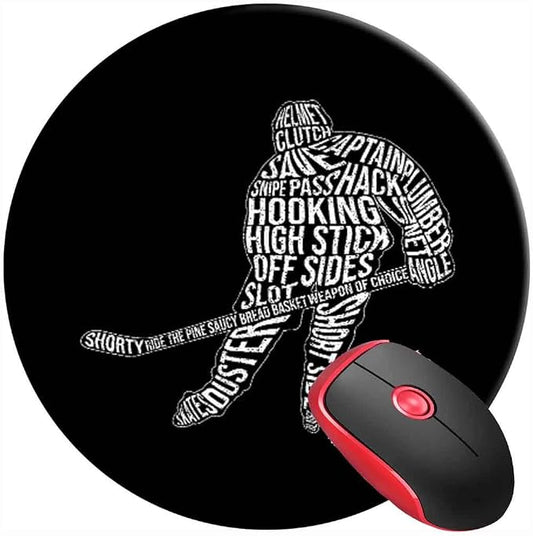 Mouse Pad Hockey Typography Hockey, Round Mousepad, Non-Slip Rubber Base Mouse by SUFPMP