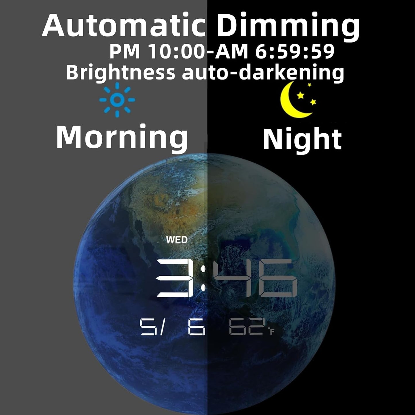 13" Digital Wall Clock with LED Display, Calendar & Temperature, Automatic Dimming, 12/24hr Format, USB Powered, Wall & Desk Use - HUI-7859