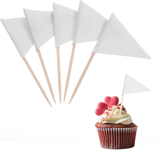 100 Pcs White Flag Cupcake Topper Sticks, Mini Golf Flags Toothpicks for Fruit Salad Masters Party Decorations, Blank White Cupcake Toppers for Appetizers