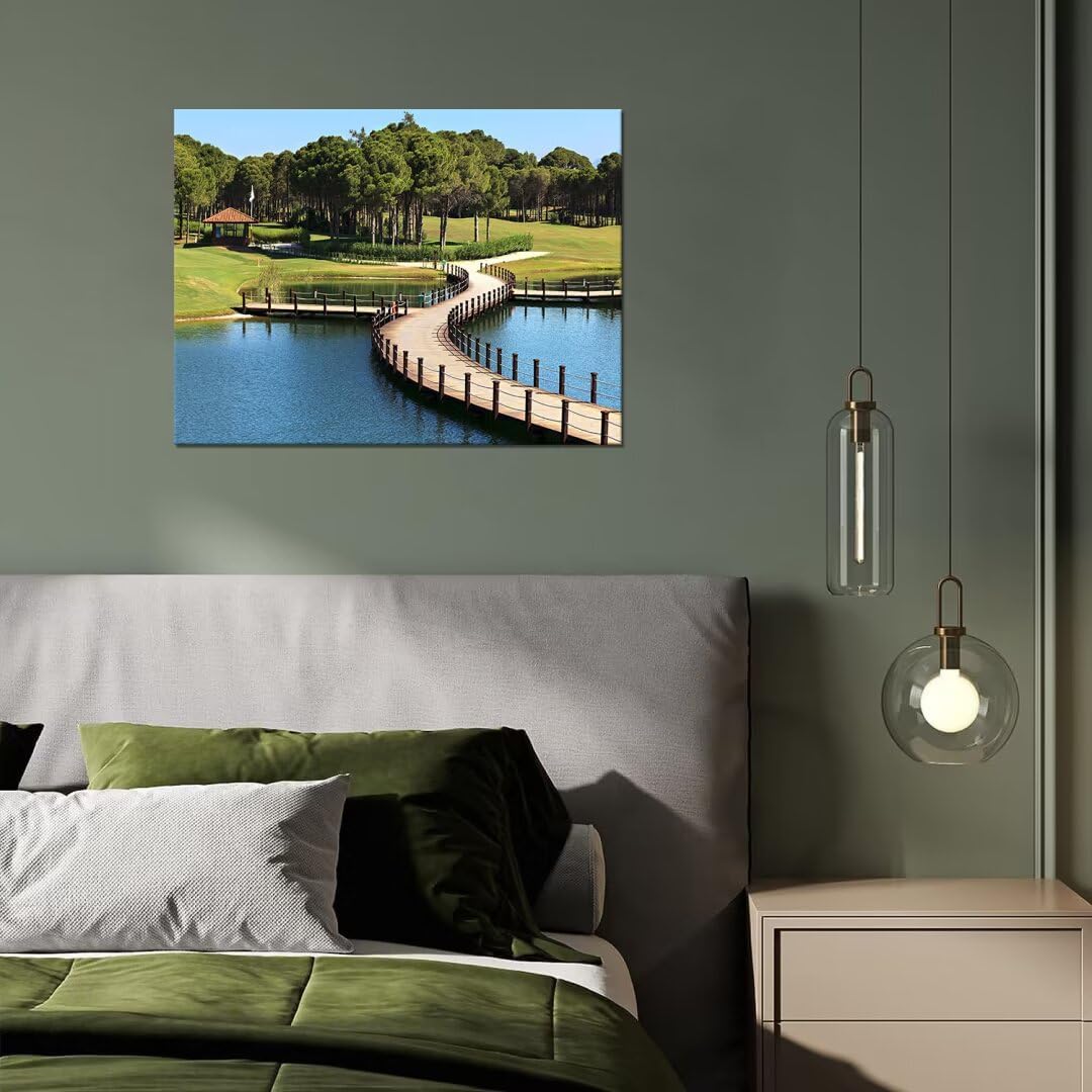 HJY Art USA Golf Course Wall Art Pictures Golf Club Wall Decor Blue Green Painting Poster for Home Decor Living Room Bedroom Bathroom Office Gym Landscape Framed Artwork Ready to Hang (12 x 16 inch)