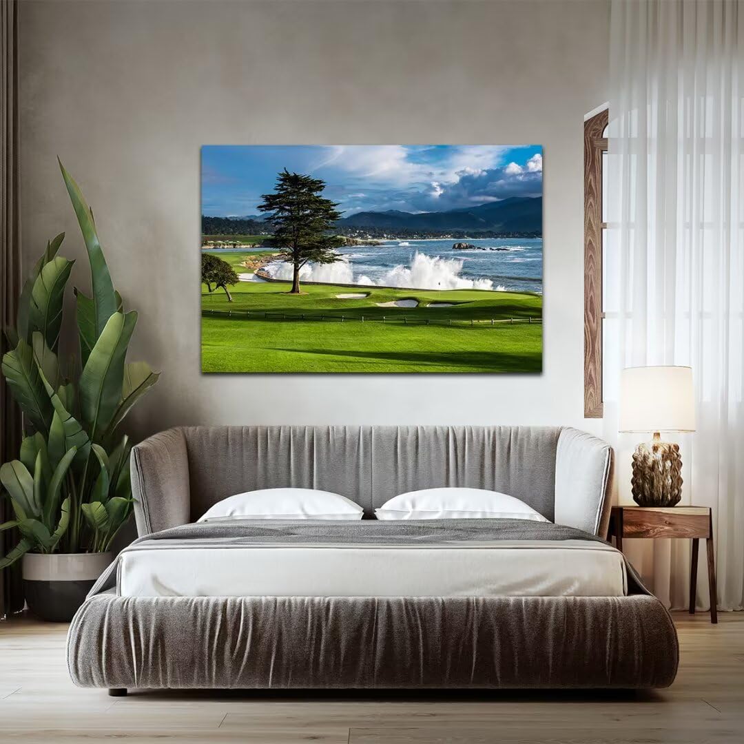 HJY Art USA Golf Course Wall Art Pictures Golf Landscape Wall Decor Blue Green Painting Poster for Home Decor Living Room Bedroom Bathroom Office Gym Framed Artwork Ready to Hang (28 x 44 inch)