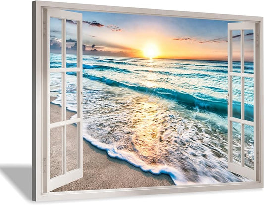 beach canvas window wall art: beach picture coastal artwork seascape ocean scene prints - looking out fake window wall decor for bedroom 36"x24"