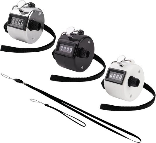 3 Pack Hand Tally Clicker Counter 4 Digit Display Mechanical Palm with Metal Finger Ring for Coaching, Knitting, Lap, Fishing, Golf and Row Sport with 2-Nylon Lanyard (Black White Silver)