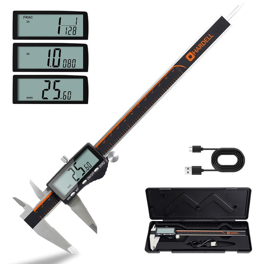 HARDELL Digital Caliper, Rechargeable 0-8 Inch Calipers Measuring Tool with Large LCD Screen, Inch/MM/Fraction, Stainless Steel, Auto-Off, Vernier Caliper Digital Micrometer