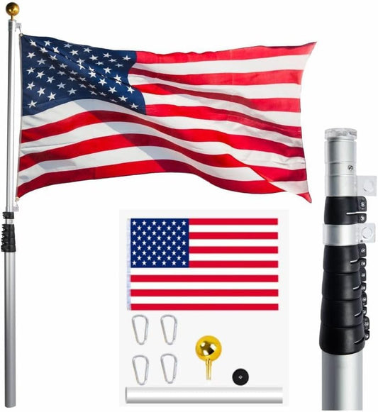 iElyiEsy Telescoping Flag Poles 20ft - Extra Thick Outdoor 16 Gauge Telescopic Flag Pole for Yard House,Residential Commercial,Dock,with Two 3x5 American Flags,Sliver