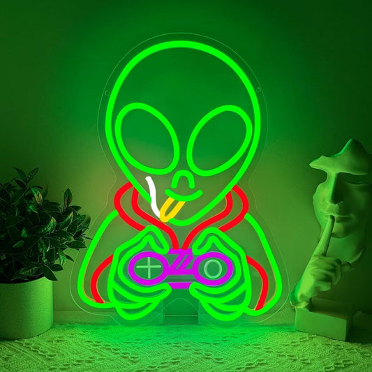 Green Alien Gamr Neon Sign,Gaming Dimmable LED Light Signs for Wall Art Decor,Game Room Backdrop for Bar Bedroom Club Party Man Cave,Alien Gift for Boys Teen Men USB Powered（ 15.8"* 11.9"）