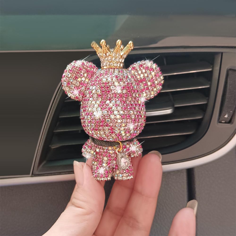 Handmade Bling Rhinestone Bear Car Air Freshener Cute Ornaments Car Vent Clips Accessories Perfume Clip Aromatherapy Diffuser Fragrance Cotton Pad Car Interior Decoratio Women Girl (AB Pink)