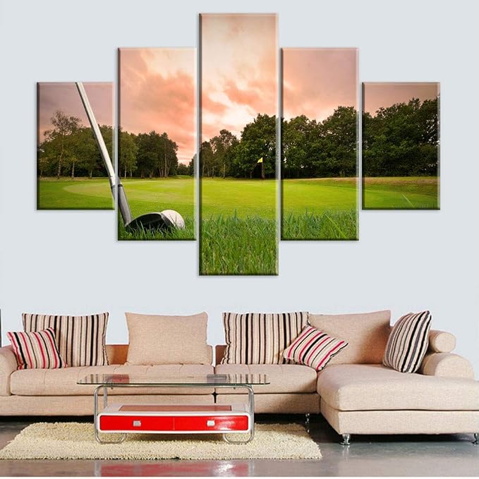 5 Pieces Canvas Wall Art Golf Course at Sunset Red Paintings - Image 4