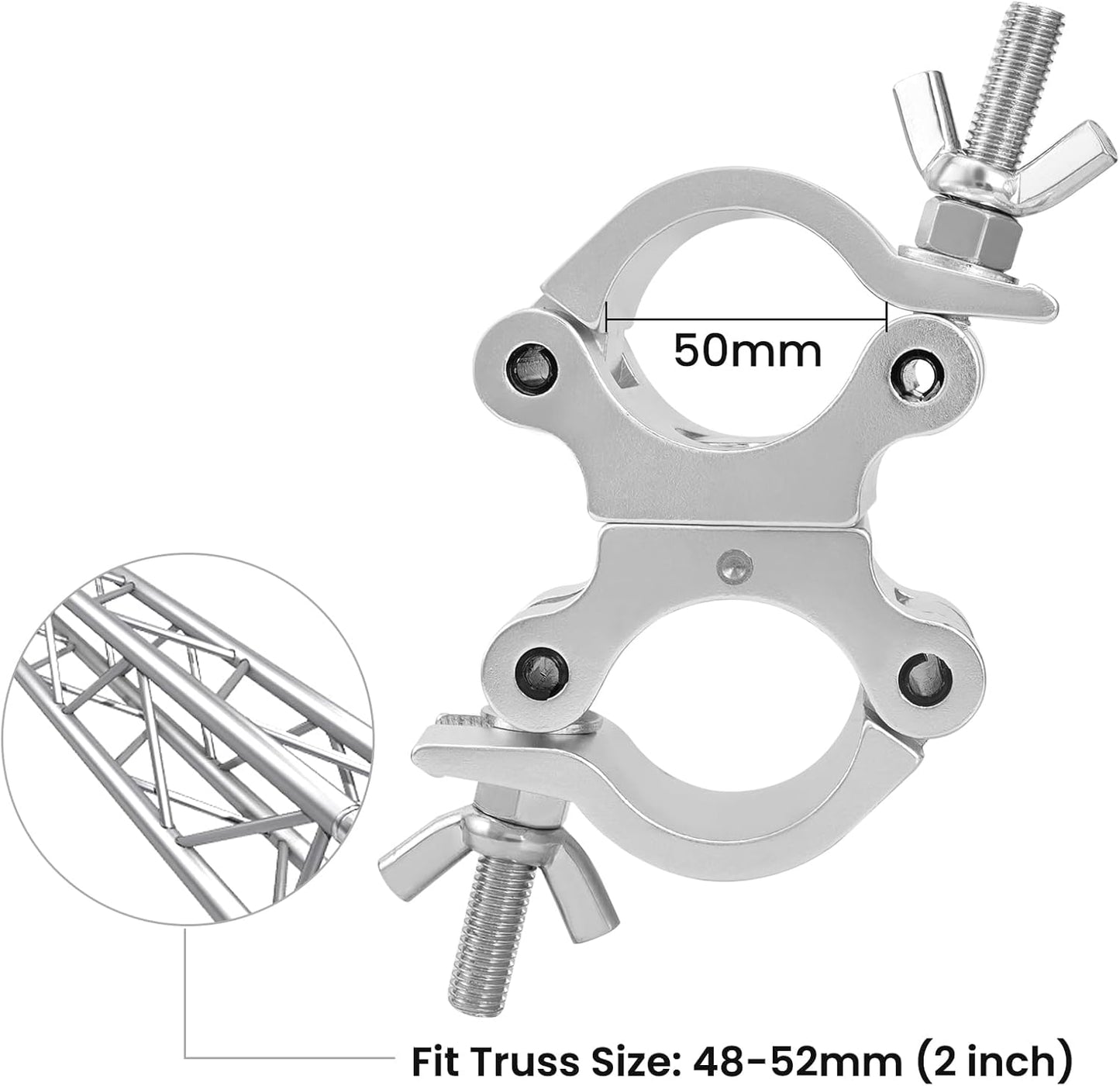 2 Inch Pro-Swivel Truss Clamp TUV, 2 Pack Eyeshot Heavy Duty 1100lb Swivel Coupler Truss Clamps, Dual Head Turn As Needed Two 360 Degree Lighting Clamps, Fit Pipe/Truss OD 48-52mm