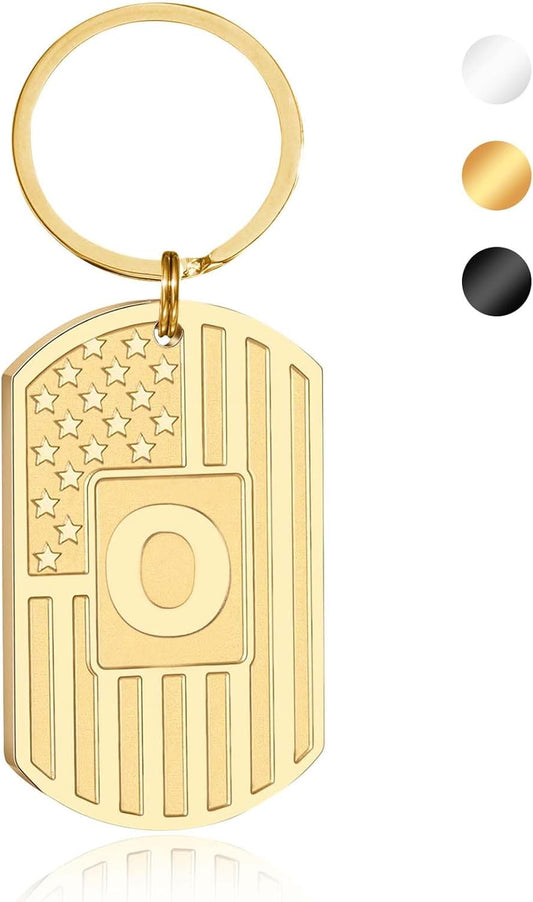 Initial Keychain Gifts for Men,A-Z Letter American Flag Dog Tag Stainless Steel Keychain,Mens Accessories Gift