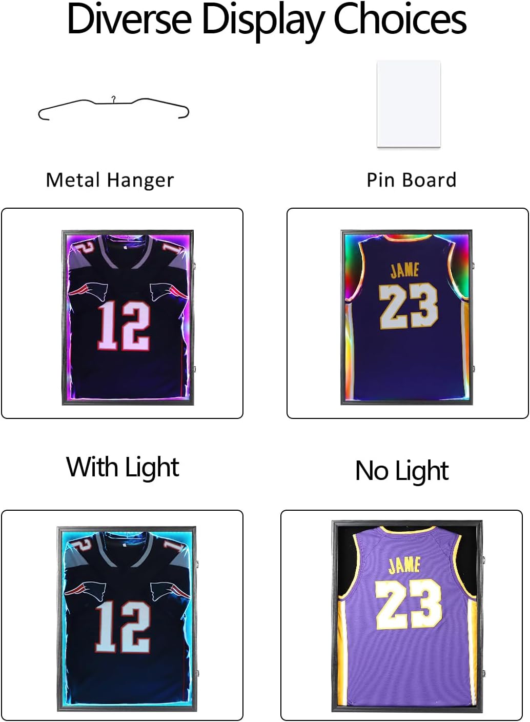 IHEIPYE LED Jersey Frame Display Case - Shadow Box with LED Light - Black Lock, 98% UV Resistant Acrylic Wall Mount Display Case for Football, Baseball, Basketball Jersey with Light