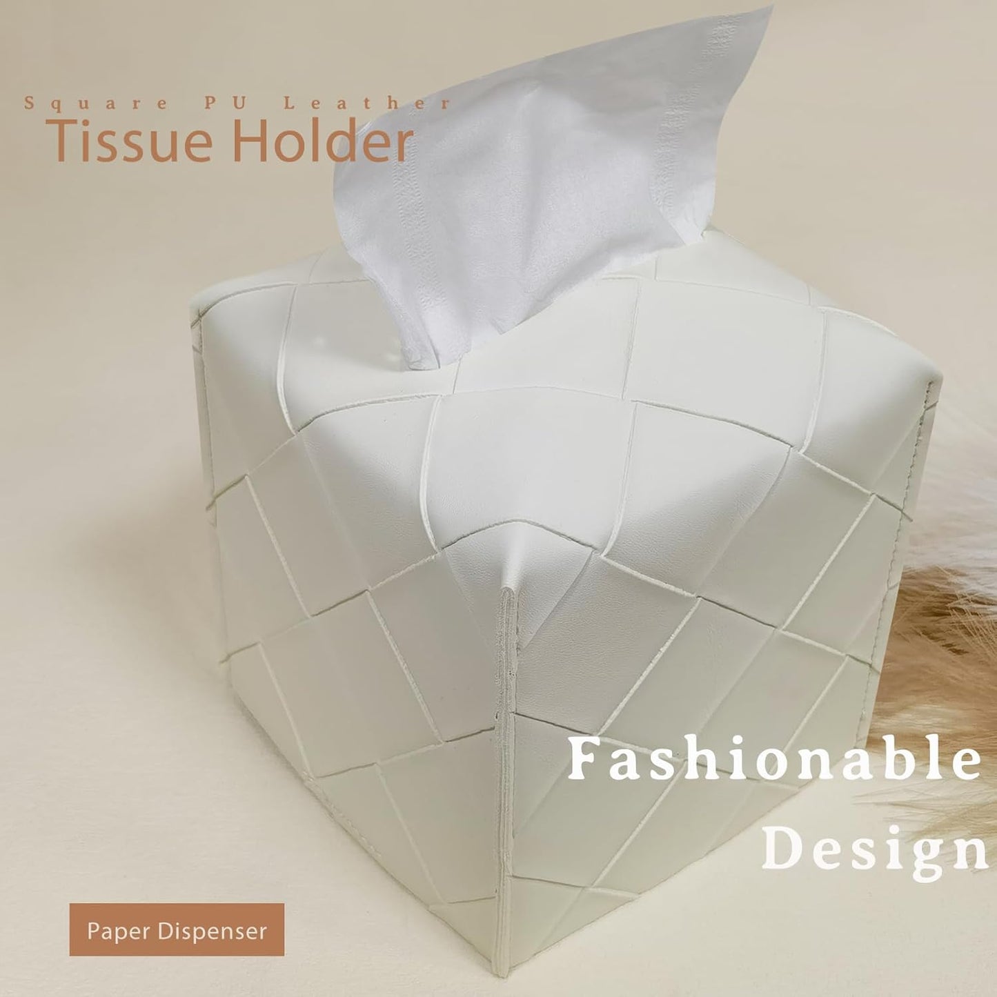 HOMOTEK 2 Pack Tissue Box Cover, PU Leather Tissue Holder,Square Decorative Facial Tissue Cube Paper Organizer Dispenser for Bathroom, Night Stands, Desk, Car 5X5X5'' - Woven Textured, White Ivory