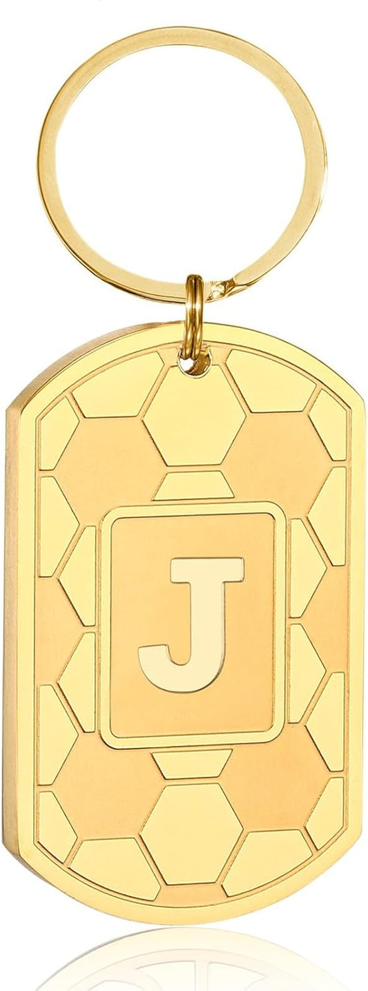 Initial Keychain Gifts for Men,Soccer Dog Tag Mens Keychains for Men Him Dad