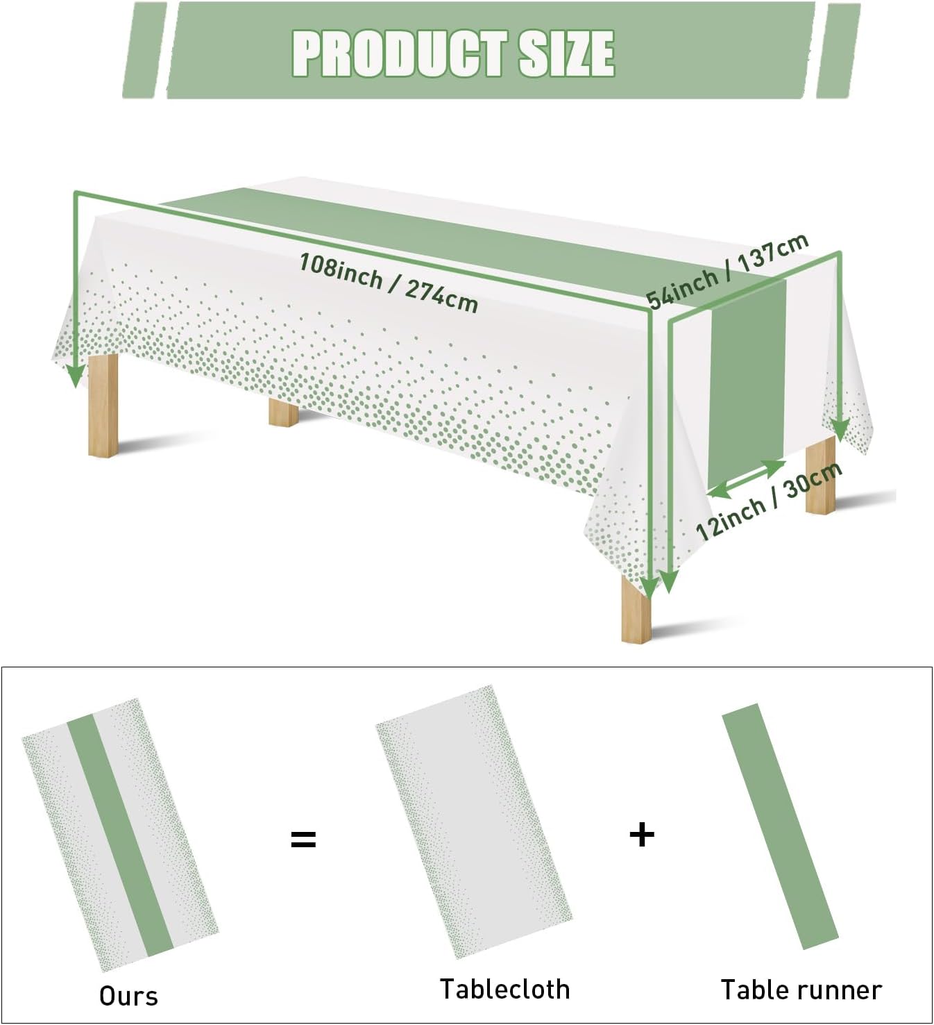 16 Pack 2in1 Disposable Plastic Tablecloths 54" x 108" White and Sage Green Dot Party Table Cloth Rectangle Table Cover for Wedding Birthday Baby Shower Anniversary Christmas New Year Party Decoration