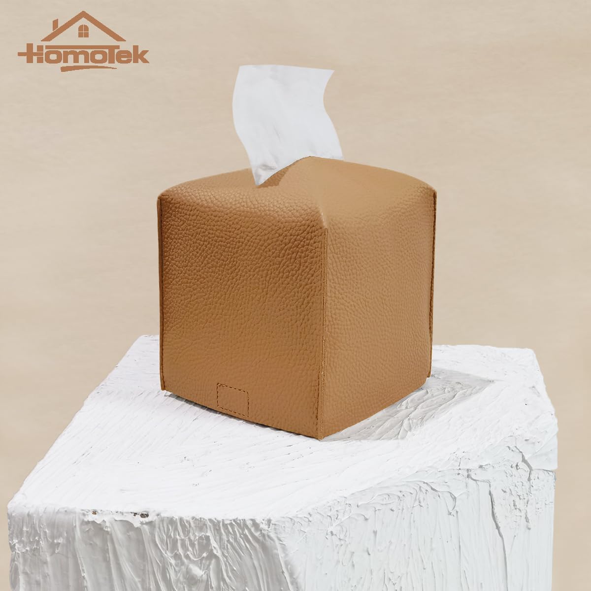 HOMOTEK 2 Pack Tissue Box Cover, Square PU Leather Tissue Holder, Decorative Facial Tissue Cube Paper Organizer Dispenser for Bathroom, Night Stands, Desk, Car 5X5X5'' - Camel, Pebble Grain