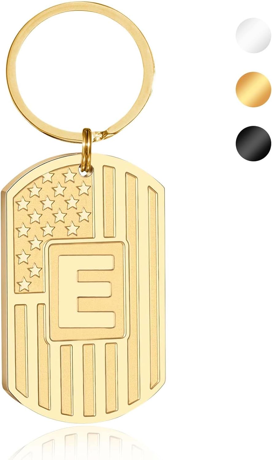 Initial Keychain Gifts for Men,A-Z Letter American Flag Dog Tag Stainless Steel Keychain,Mens Accessories Gift