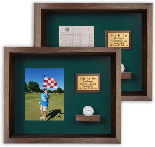 Hole in One Shadowbox and Golf Ball Display Case | Personalized Engraved Plate | Holds Golf Ball and Scorecard or Photo |4 Color Finishes | Wall Mounted (Vertical, Walnut)