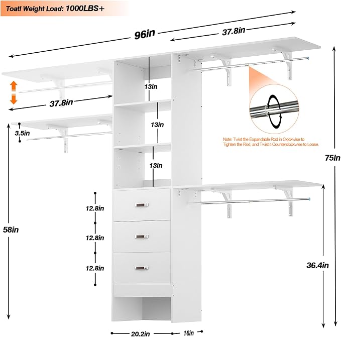 8FT Closet System, Wall Mount Bedroom Wardrobe - Image 8