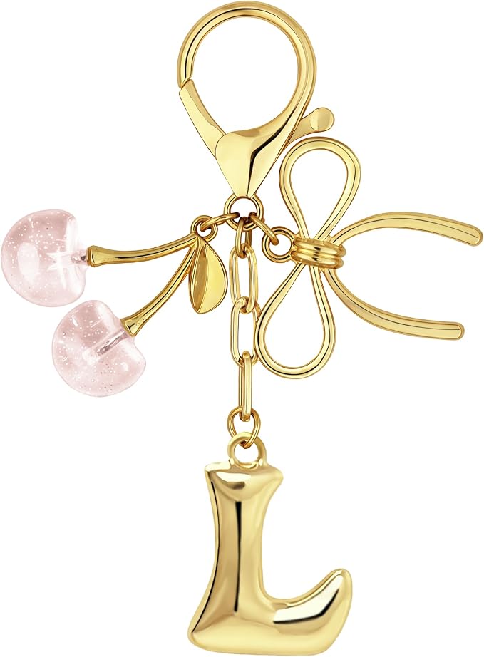 Gold Bubble Heart, Bow & More Designs Letter Initial Keychain Bag Charms – Cute by BydGxy