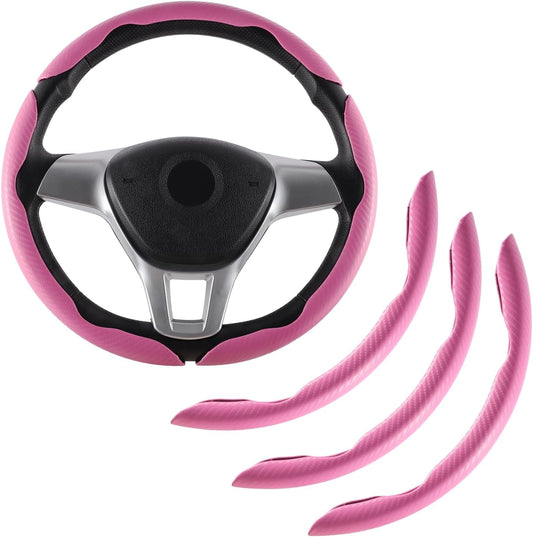 Amiss 3pcs Carbon Fiber Anti-Skid Steering Wheel Cover, Segmented & Butterfly Design, Universal 99% Car Wheel Cover Protector, Pink