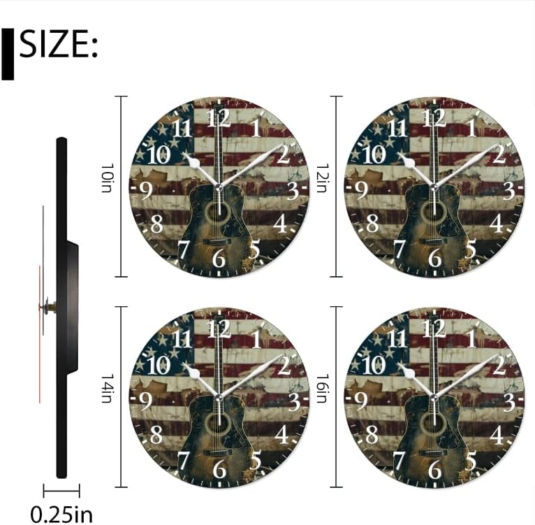 Guitar Wall Clock Non-Ticking Silent Clocks Battery Operated Analog Decor Clock for Home-Acoustic Guitar Leaning Against Old American Flag(10inch)