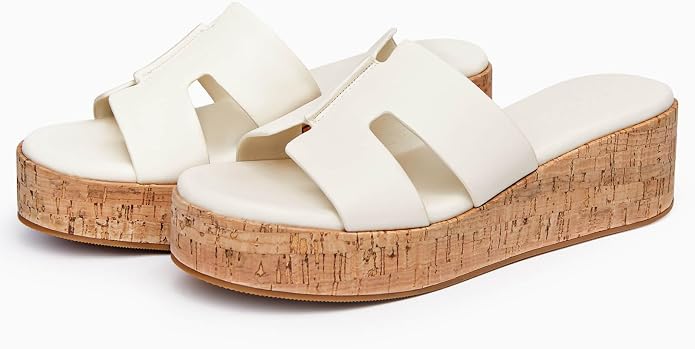 Coutgo Women's Platform Wedge Sandals Open Toe Slip On Slides Cork Heeled - Image 4