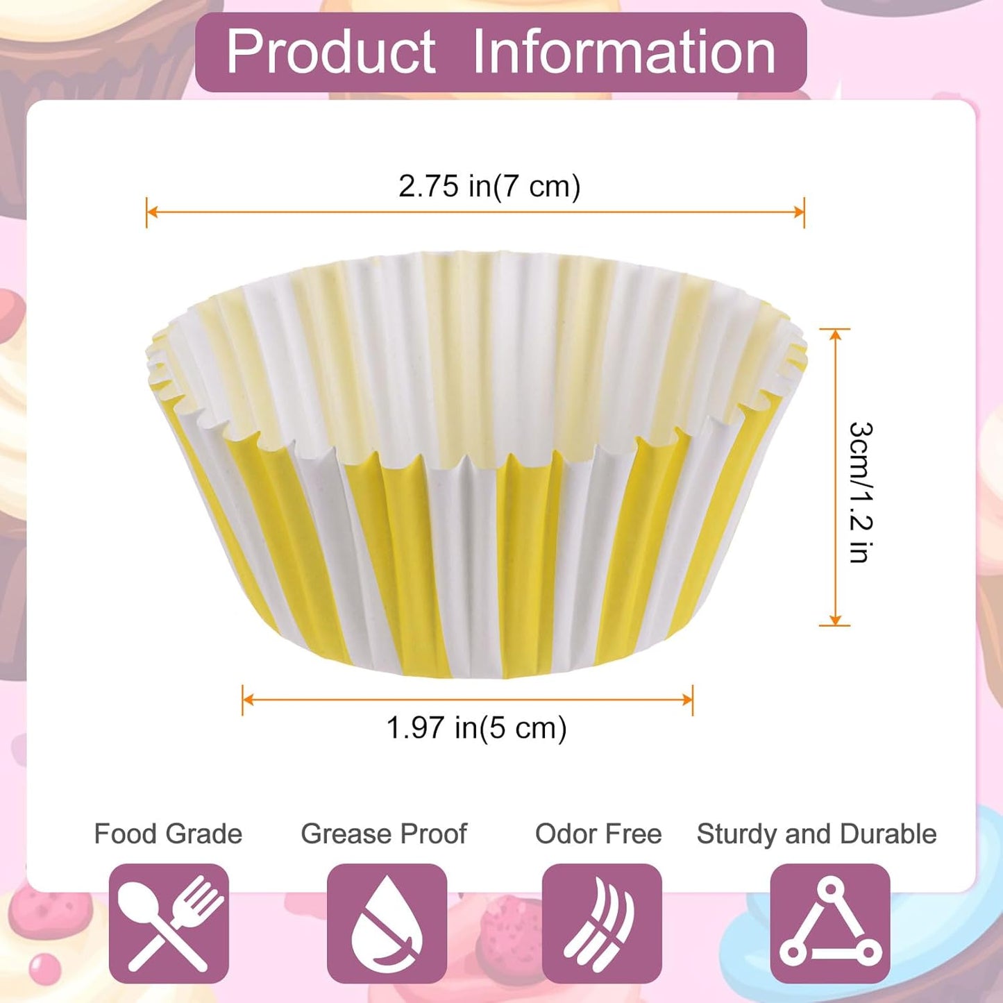 HARFINGTON 200 Count Cupcake Liners Yellow Stripe Cupcake Cups Standard Size Muffins Liners Papers Baking Cups Wrappers Greaseproof for Party Wedding Birthday