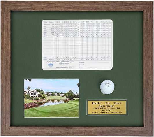 Golf Hole-in-One Shadowbox | Displays Ball, Scorecard, and Photo | 3 Frame Colors | Engraved Plate | Install Scorecard & Ball Yourself | Upload Your Photo | Made in The USA (Barnwood)
