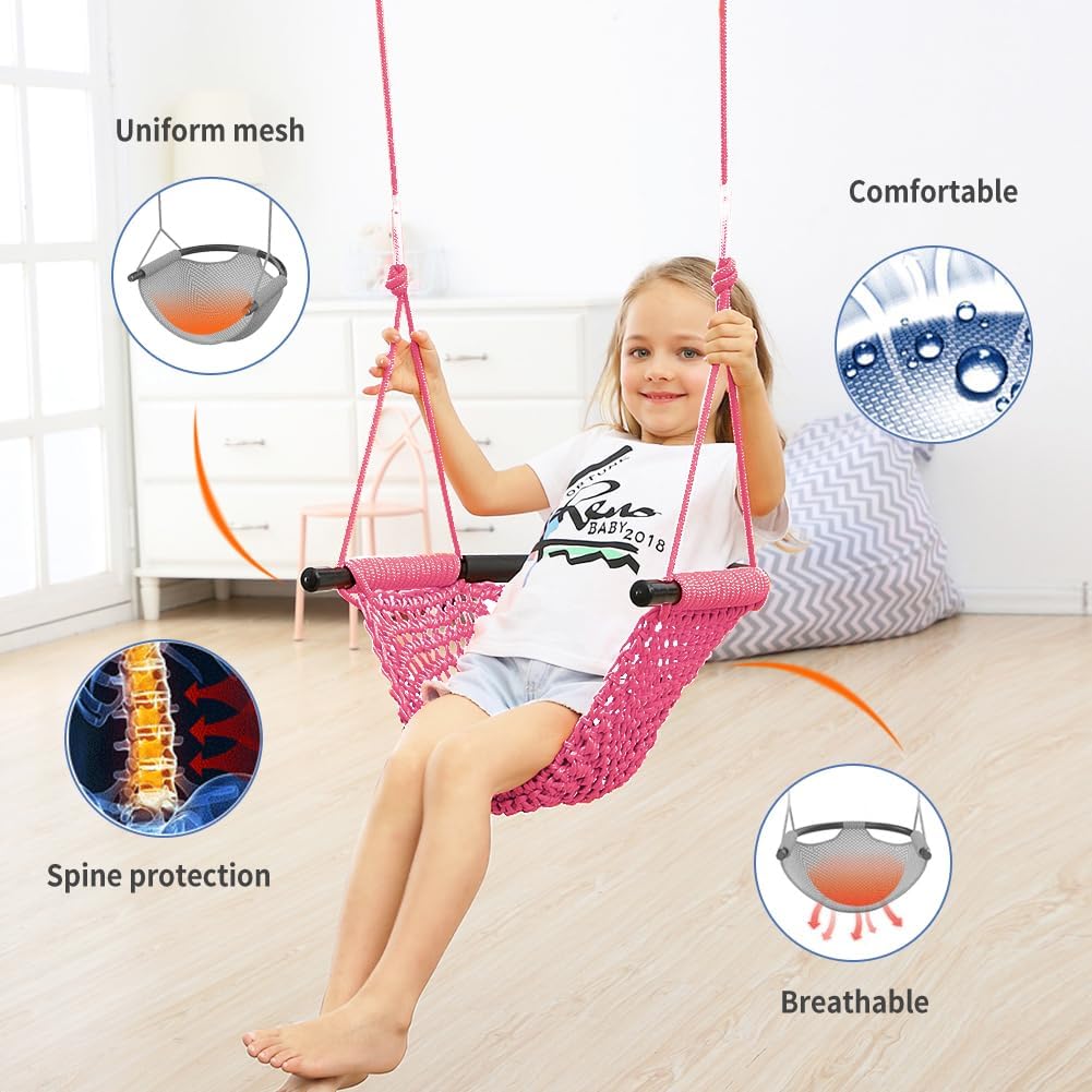 Hand-Knitting Toddler Swing, Swing Seat for Kids with Adjustable Ropes, Little tikes Swings Set, for Outdoor Indoor, Playground, Backyard (Pink)
