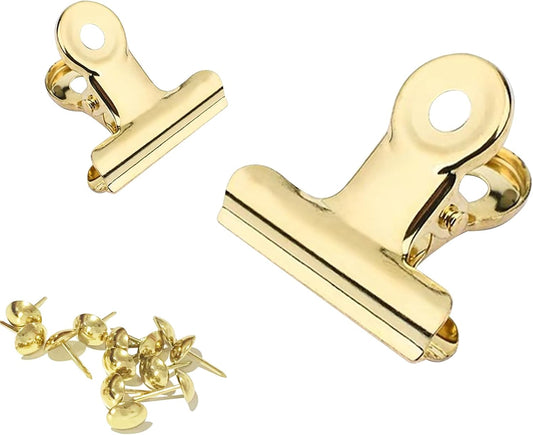 32 Pack Bulldog Clips with Push-pins for Corkboard,Metal Clips for Crafts, Metal Binder Clips for Pictures, Spring Paper Clamps for Office Documents (Gold,0.85inch)