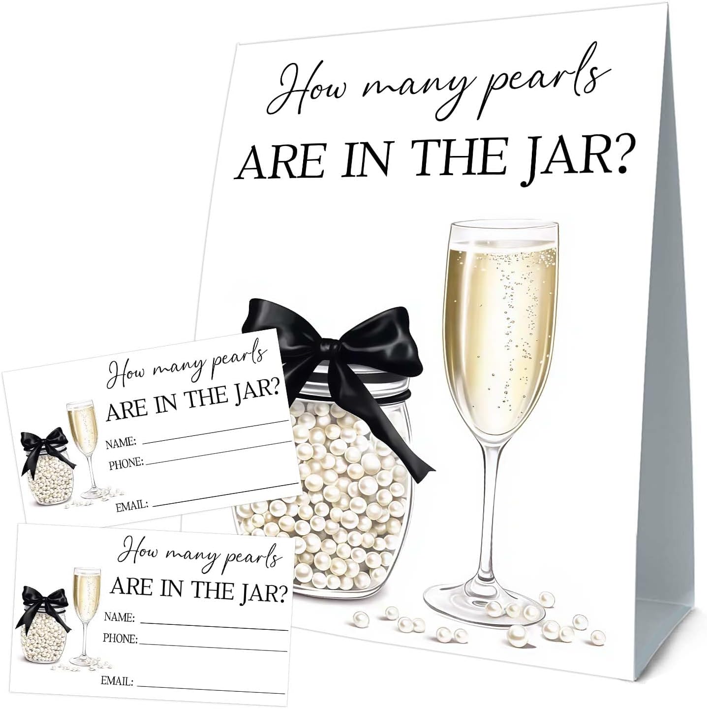 Guess How Many Cards, Bridal Shower Decorations, Guess How Many Pearls Are in the Jar, Party Games & Activities, 50 Cards and Sign