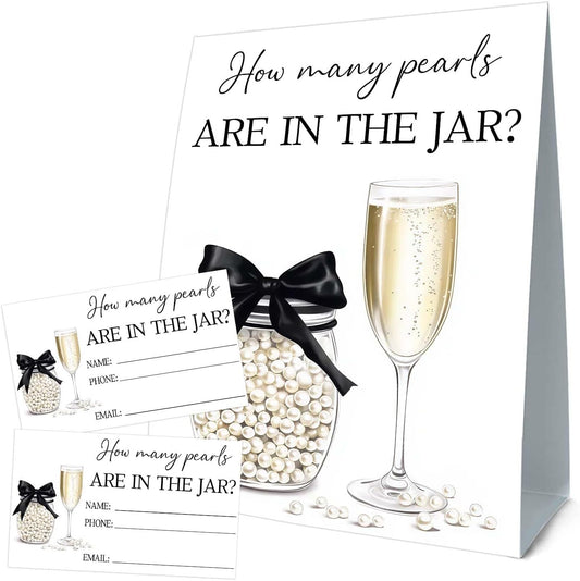 Guess How Many Cards, Bridal Shower Decorations, Guess How Many Pearls Are in the Jar, Party Games & Activities, 50 Cards and Sign