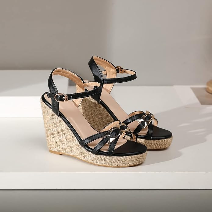 VOKLIN Women's Casual Espadrilles Wedge Sandals Open Toe Ankle Strap Metallic - Image 4