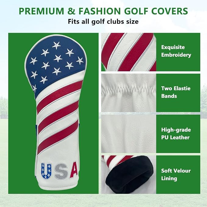Golf American Style Head Cover Golf Club Blue and White Leather Headcovers Set - Image 4