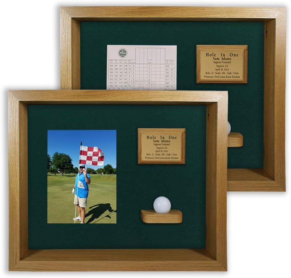 Hole in One Shadowbox and Golf Ball Display Case | Personalized Engraved Plate | Holds Golf Ball and Scorecard or Photo | Vertical Layout | Oak Finish| Wall Mounted
